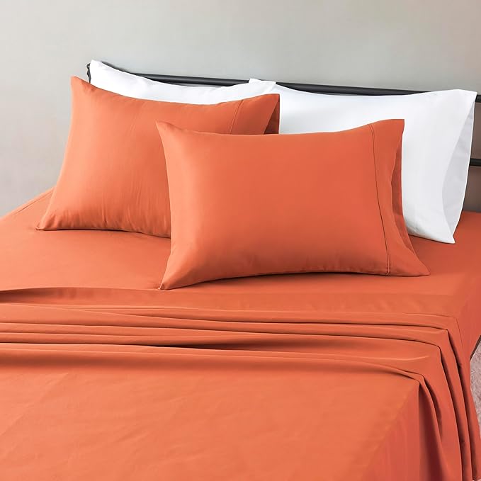 Amazon Basics Lightweight Microfiber 4-Piece Bed Sheet Set, Brick, Solid, Full AmazonBasics