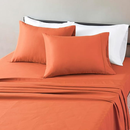 Amazon Basics Lightweight Microfiber 4-Piece Bed Sheet Set, Brick, Solid, Queen AmazonBasics