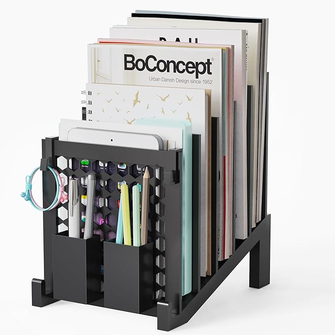 File Organizer for Desk with Storage Box & Hook, Inclined Desk File Organizer with 5-Section Vertical File Holder suitable for Home Office Document Organization（Black）