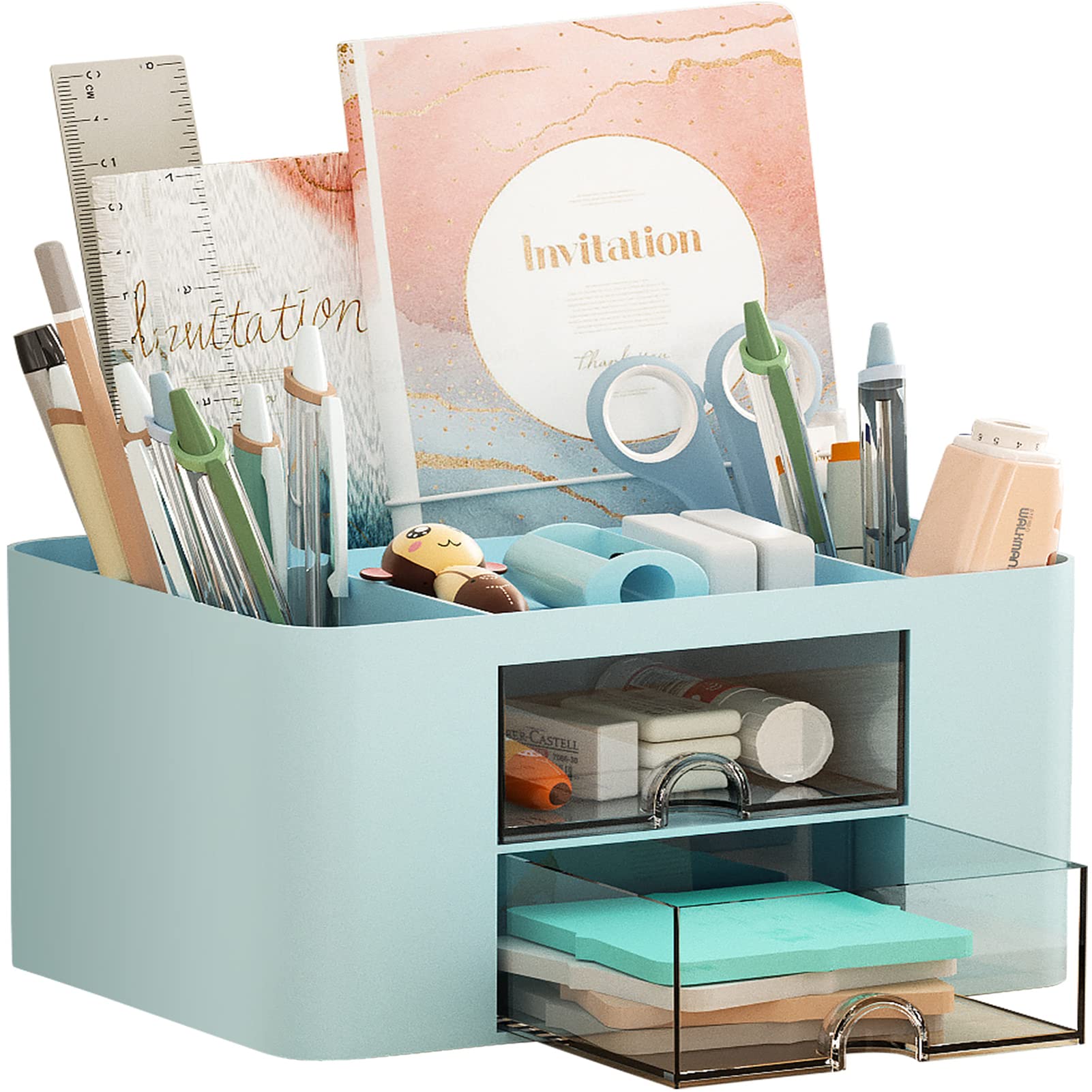 Marbrasse Pen Organizer with 2 Drawer, Multi-Functional Pencil Holder for Desk, Desk Organizers and Accessories with 5 Compartments + Drawer for Office Art Supplies (Blue) Dormly