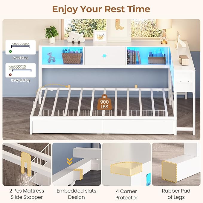 Hasuit Corner Twin Bed Frame with Storage Drawers and Bookcase Headboard, Twin Size Metal Platform Corner Bed Frame with Charging Station and LED Lights, Twin Daybed for Kids Teens Guests, White