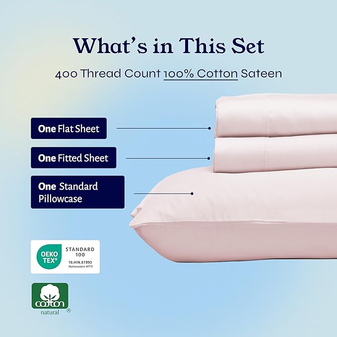 California Design Den Twin XL Sheet Sets - 400 Thread Count Sateen, 100% Cotton Sheets Set, Deep Pockets, and Durable Bedding for Dorm Rooms & Adults - Pink CaliforniaDesignDen