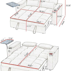 65'' Convertible Sleeper Sofa Bed with Pull-Out Design, 3-in-1 Modern Chenille Fabric Couch with 360° Swivel Side Table, Queen Size, Easy Assembly, for Living Room, White