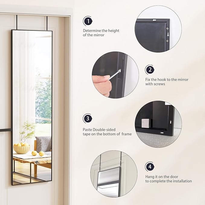 BEAUTYPEAK 14" x 48" Adjustable Height Over The Door Mirror, Rectangular Full Length Hanging Door Mirror with Shatterproof Tempered Glass Aluminum Alloy Frame for Dormitory, Black