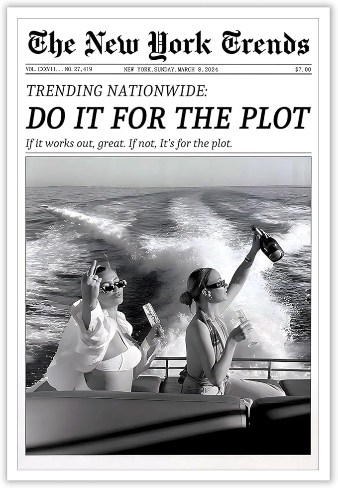 Generic Retro Black and White Newspaper Poster Wall Art Do It for The Plot Canvas Prints Funky Feminist Posters Trendy College Wall Decor for Bar Cart Hot Girl Dorm Room Decorative 24x36inch Unframed