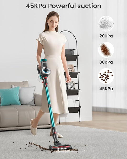 Cordless Vacuum Cleaner, 550W 45KPa Stick Vacuum, Up to 65 Minutes, Self-Standing Cordless Vacuum with OLED Display and Anti-Tangle Brush Roll for Home, Carpets, Hard Floors and Pet Hair