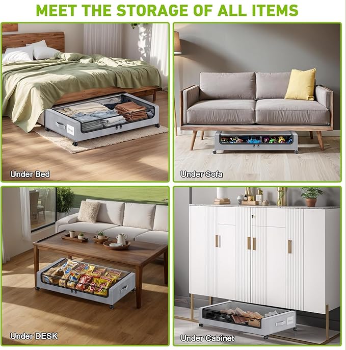 Beborxue Under Bed Storage with Wheels, 2-Pack Under the Bed Storage Containers with Lids, XXL 60L Under Bed Shoe Storage Organizer Bins, Rolling Underbed Storage for Clothes, Shoes, Blankets (Gray)