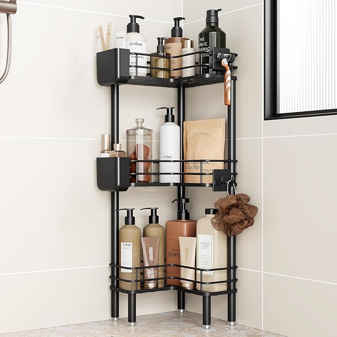 Orimade Rustproof 3 Tier Floor Standing Corner Shower Caddy Organizer with Toothbrush Holder, Large Spacing Floor Shower Shelf Rack Storage Stands with Hooks for Bathroom Kitchen, Black