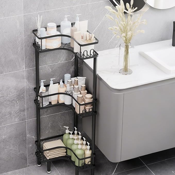 Free Standing 3 Tier Shower Caddy with 4 Hooks on Each Shelf Waterproof Corner Organizer Corner for Bathroom Kitchen Large Capacity Shower Rack(Black)