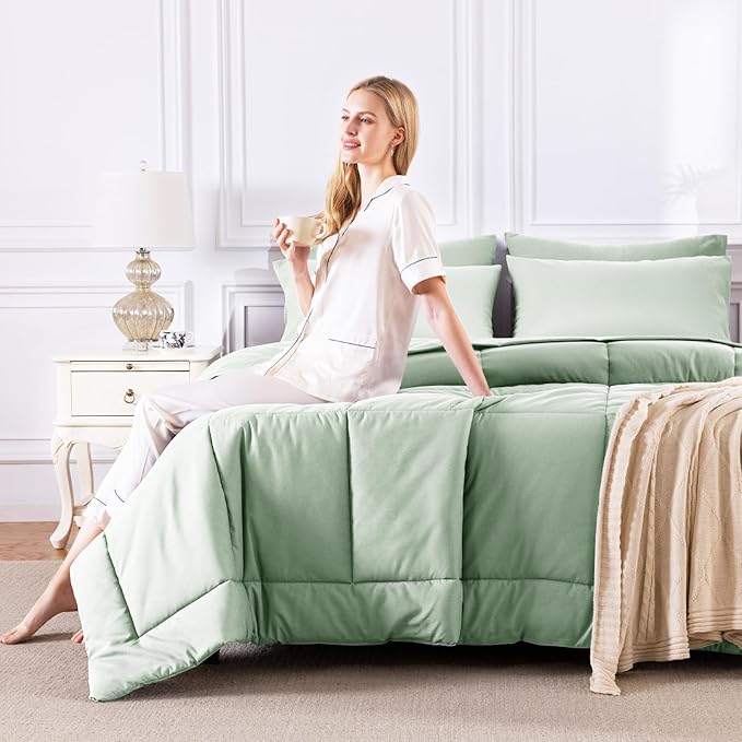 CozyLux Queen Comforter Set Sage Green, 7 Pieces Bed in a Bag, Green Comforter Queen Size, All Season Bedding Sets with Stitch Quilted Comforter, Flat Sheet, Fitted Sheet, Pillowcases