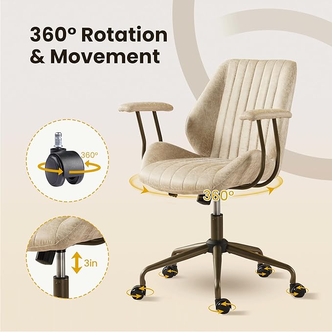 Home Office Desk Chair, Mid-Century Modern Office Chair with Adjustable Lumbar Support, Adjustable Height Executive Task Chair with 360 Rolling Swivel for Meeting Study Room(Mid Back, Beige)