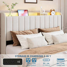 Queen Bed Frame with 4 Drawers and Storage Headboard, Upholstered Platform Bed Frame Queen Size with Led Lights and Handy Charging Station, No Box Spring Needed, Easy Assembly, Noise Free, Beige