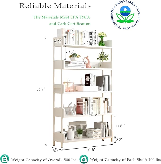 Wide Open Shelf Bookcase - Modern 5-Tier Floor Standing Display Bookshelf with Three-Side Baffles and Metal Frame for Home and Office, Storage Shelving, Warm White
