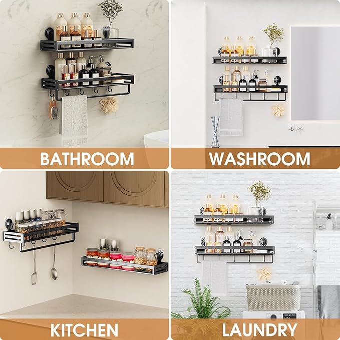Shower Caddy Suction Cup, 11.8 inch 2 Pack Suction Shower Shelf with Hooks NO-Drilling Bathroom Holder, Rustproof Bathroom Organizer, Black,Includes 2 Extra Suction Cups for Replacement Use