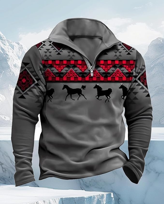 Western Sweatshirts for Men Aztec Cowboy Vintage Graphic Fleece Hoodie Mens Quarter Zip Pullover Country Jacket