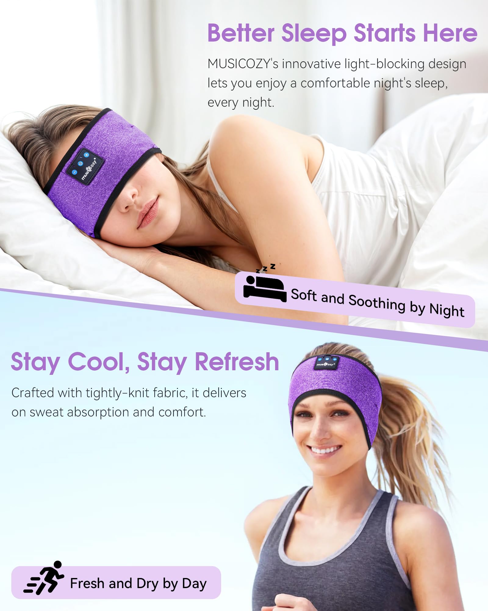 MUSICOZY Sleep Headphones Bluetooth 5.4 Headband, Sports Wireless Earphones Sweat Resistant Earbuds Sleeping Headphone with Ultra-Thin HD Stereo Speaker for Workout Running Cool Gadgets Unique Gifts Dormly