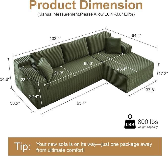 96''Sectional Couches for Living Room,Modern Modular Sectional Sofa,Upholstered Boneless Couch with Pockets,Comfy Cloud Couch with L Shaped Chaise (Green, 105''W Right Facing Chaise)