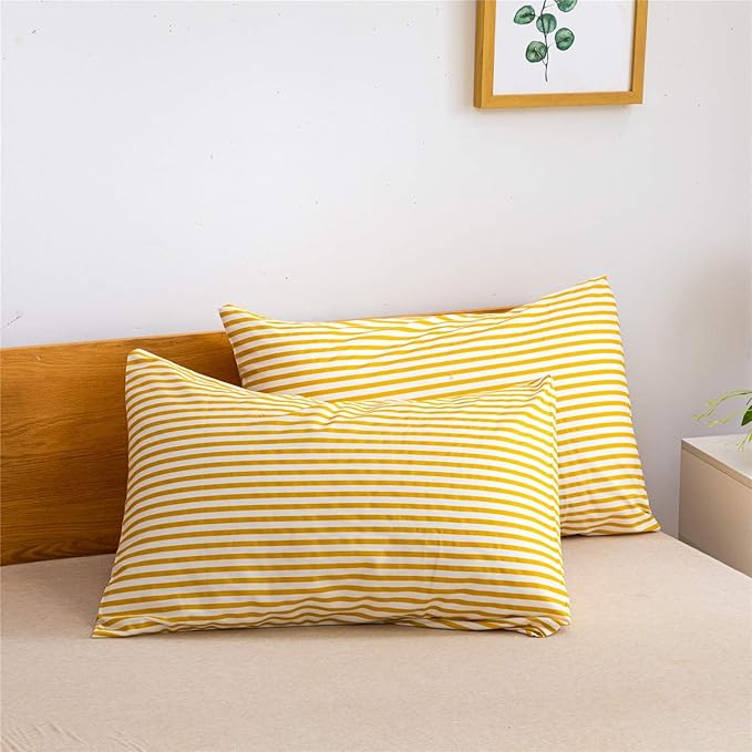 JELLYMONI 100% Natural Cotton 3pcs Striped Duvet Cover Sets,White Duvet Cover with Yellow Stripes Pattern Printed Comforter Cover,with Zipper Closure & Corner Ties(Cal King Size)