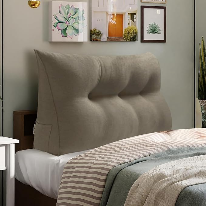 WOWMAX 85% Linen 15% Cotton Blend Headboard Pillow – Twin Size Reading Wedge Backrest for Bed, Handmade Firm Support Bolster Cushion with Removable Cover, Premium Bed Rest Pillow, Light Gray