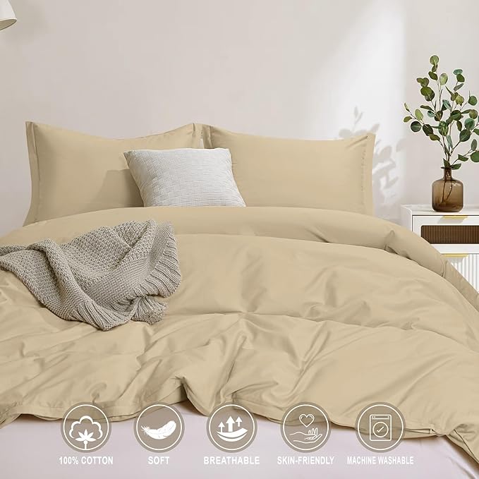 100-Percent Cotton Duvet Cover Set, Hidden Zipper Closure, Ultra Soft, Easy Care and Durable, Simple Bedding Style, Queen, Khaki (Comforter Not Included)