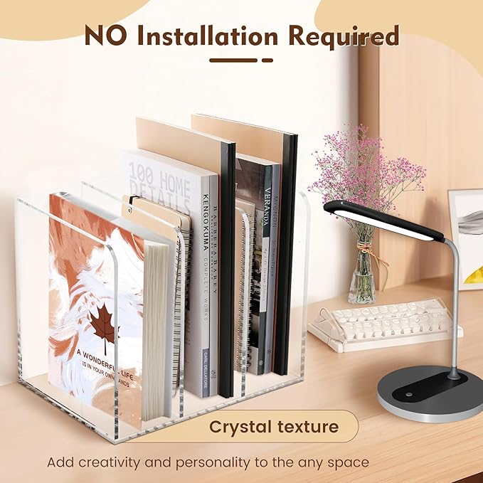 B5 Thickened Acrylic Desk Organizer,Book Organizer,Acrylic Book Holder,Acrylic File Organizer Equipped with 3 Vertical Compartments Rack,with Scratch-Resistant Pads to Protect Your Desktop