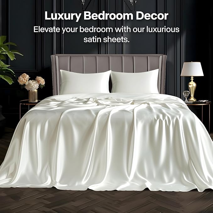 BEDELITE King Size Sheets Set, Luxury Soft Ivory White Satin Sheets for Hair and Skin, Similar to Silk Bed Sheets Set 4 Pieces with 1 Deep Pocket Fitted Sheet, 1 Flat Sheet, and 2 Pillowcases