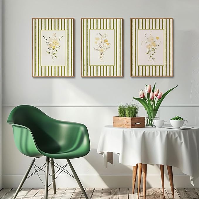 KISSFOX 3 Piece Framed Wall Art Floral Wall Decor Wildflower Canvas Wall Art Flower Pictures Boho Botanical Paintings Green Poster Wall Decor For Girly Room Bedroom Apartment Dorm Living Room