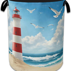 Lighthouse On The Beach Laundry Basket,Foldable Oxford Cloth Laundry Hamper With Handle, 20.8