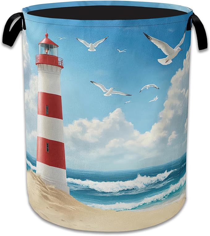 Lighthouse On The Beach Laundry Basket,Foldable Oxford Cloth Laundry Hamper With Handle, 20.8"x16" Portable Clothes Storage Basket Bag for Laundry Room/Bathroom/Bedroom/Dormitories