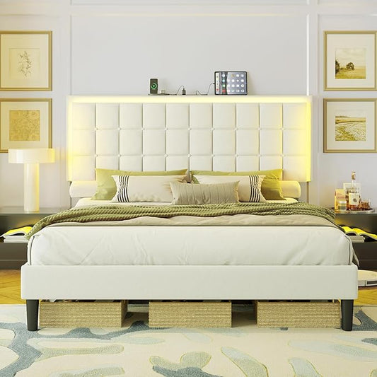 AMERLIFE King Size Button Tufted Platform Bed Frame with LED Lights, Upholstered Bed Frame with Charging Station, Wood Slat Support, Mattress Foundation, White