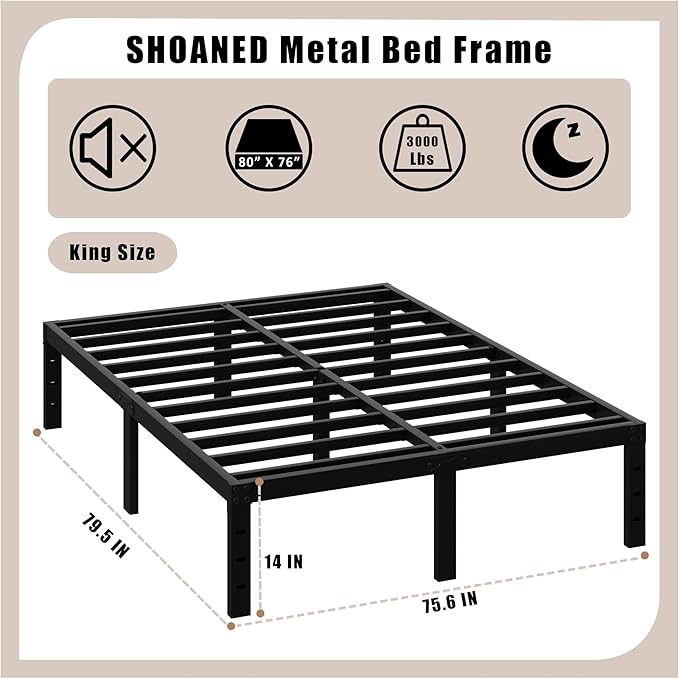 King Metal Bed Frame - 14 Inch Tall Heavy Duty Bedframe Black Basic Steel Slats Platform No Box Spring Needed/Easy Assembly/Noise Free