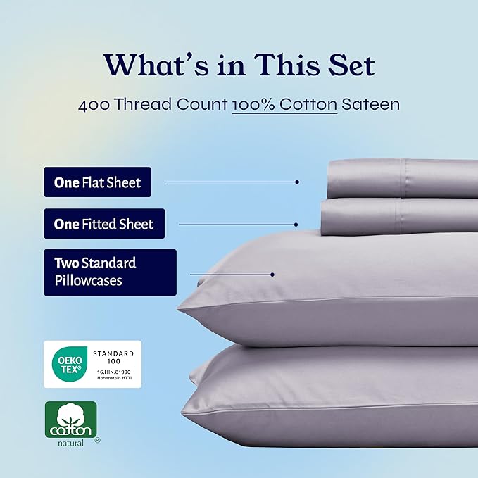 California Design Den Full Size Bed Sheets Set - Soft 400 Thread Count Sateen, Natural 100% Cotton Sheets with Deep Pockets, Breathable, and Durable Bedding Set - Dusky Lavender Grey CaliforniaDesignDen