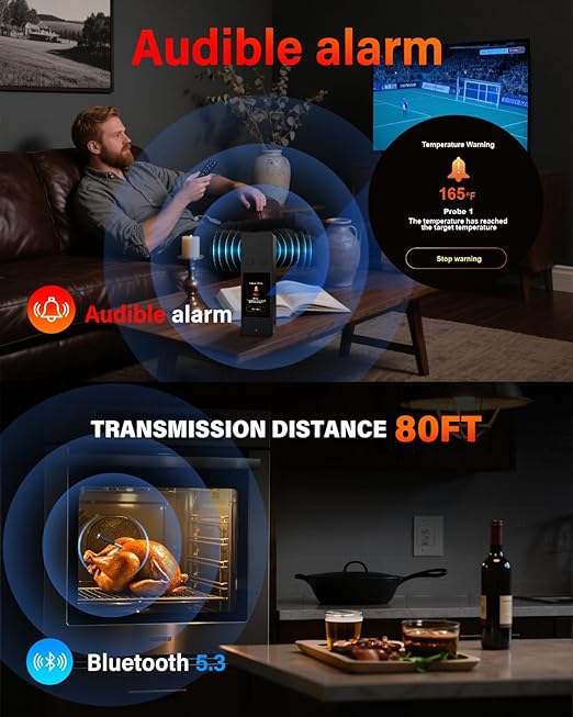 Bluetooth Wireless Meat Thermometer with App, Touch Screen, Audible Alarm, 2 Probes, 800ft Range & Rechargeable Base, Kitchen Food Thermometer for Cooking, BBQ, Smoker | Stocking Stuffers for Men