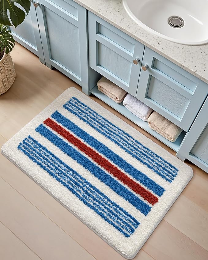 DEXI Striped Bath Mats for Bathroom 36x24, Washable Absorbent Bathroom Rugs with Non Slip Backing, Extra Soft Plush Microfiber Shower Rugs for Tub, Floor, Sink, Blue and Red