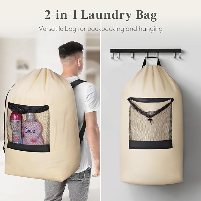 Lifewit 120L Laundry Bag, Extra Large Laundry Backpack with Shoulder Straps and Mesh Pocket for Laundromat, Heavy Duty Laundry Bag Backpack for Dirty Clothes for College Dorm/Travel/Apartment, Khaki