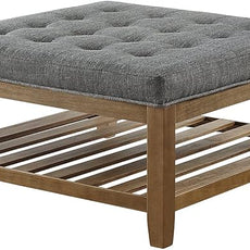 24KF Large Square Upholstered Tufted Linen Ottoman Coffee Table, Large Footrest Ottoman with Solid Wood Shelf-Granite