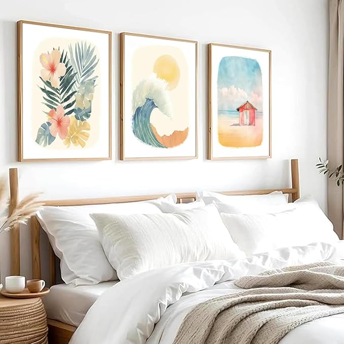 Beach Nursery Poster, Set of 6 Ocean Kids Wall Art Watercolor Summer Surf Wall Decor Beachy Boys Room Decor Funny Teen Coastal Surfboard Canvas Prints Aesthetic Unframed 12x16 inch