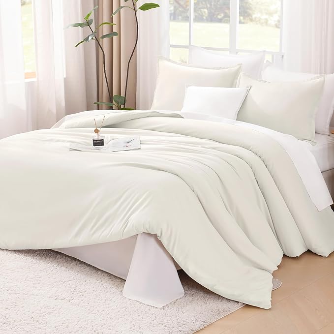 Litanika Comforter Set, Lightweight Solid Bedding Comforter Set, Fluffy Down Alternative Bed Set, Cream, Queen