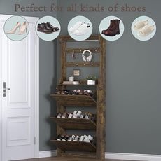 Shoe Cabinet with 3 Flip Drawers & Coat Rack, Narrow Hidden Shoe Storage Cabinet, 2-in-1 Hall Tree Slim Freestanding Shoe Rack Organizer for Entryway, Hallway, and Living Room