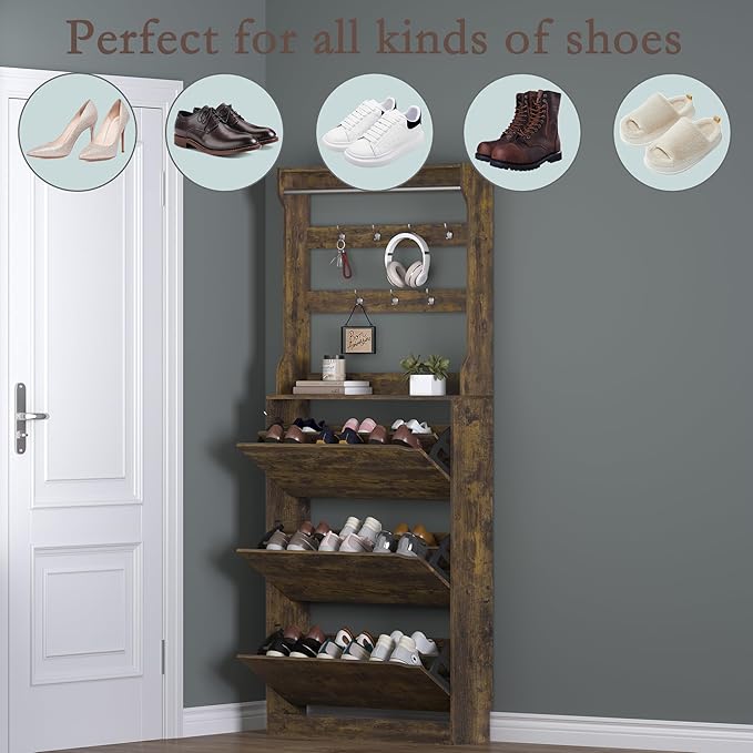 Shoe Cabinet with 3 Flip Drawers & Coat Rack, Narrow Hidden Shoe Storage Cabinet, 2-in-1 Hall Tree Slim Freestanding Shoe Rack Organizer for Entryway, Hallway, and Living Room