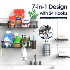 Shower Caddy Adhesive Shower Organizer 7-Pack, Rustproof Stainless Steel Bathroom Shelves, Large Capacity No-Drill Rack Storage Accessories with Soap Dish Toothbrush Holder &24 Hooks Home Decor