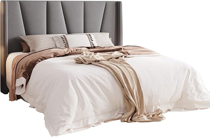 Allewie Queen Size Platform Velvet Bed Frame with Geometric Wingback Headboard, Boho Upholstered Bed with Wooden Slats Support, No Box Spring Needed, Easy Assembly, Light Grey