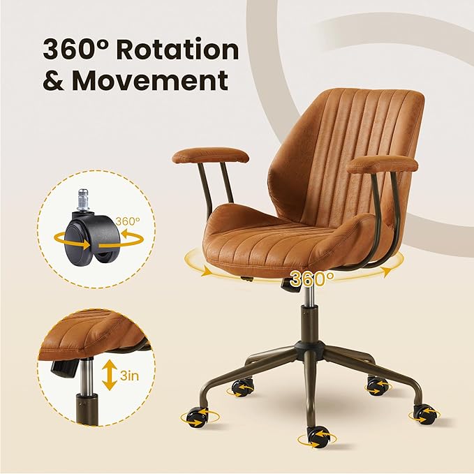 Home Office Desk Chair, Mid-Century Modern Office Chair with Adjustable Lumbar Support, Adjustable Height Executive Task Chair with 360 Rolling Swivel for Meeting Study Room(Mid Back, Brown)