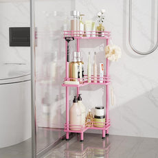 Consumest Corner Shower Caddy Standing - 3-Tier Stainless Steel Shower Organizer with Soap Holder and 4 Hooks, Large Capacity Corner Shelf Stand for Bathroom, Rest Room, Pink
