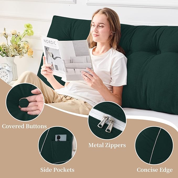Sasttie Headboard Pillow Queen, Wedge Pillow Headboard for Sitting Up in Bed, Back-Rest Support Triangular Cushion for Reading - Features Removable Washable Cover, Green