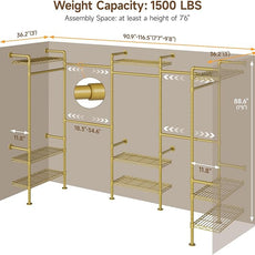 U5 Wall Mounted Closet System, Industrial Pipe Clothing Rack Garment Racks for Hanging Clothes, Heavy Duty Closet Organizers System in Wardrobe Closet, Gold