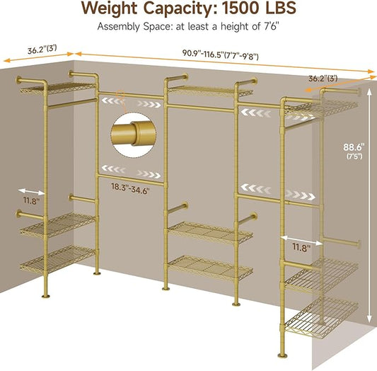 U5 Wall Mounted Closet System, Industrial Pipe Clothing Rack Garment Racks for Hanging Clothes, Heavy Duty Closet Organizers System in Wardrobe Closet, Gold