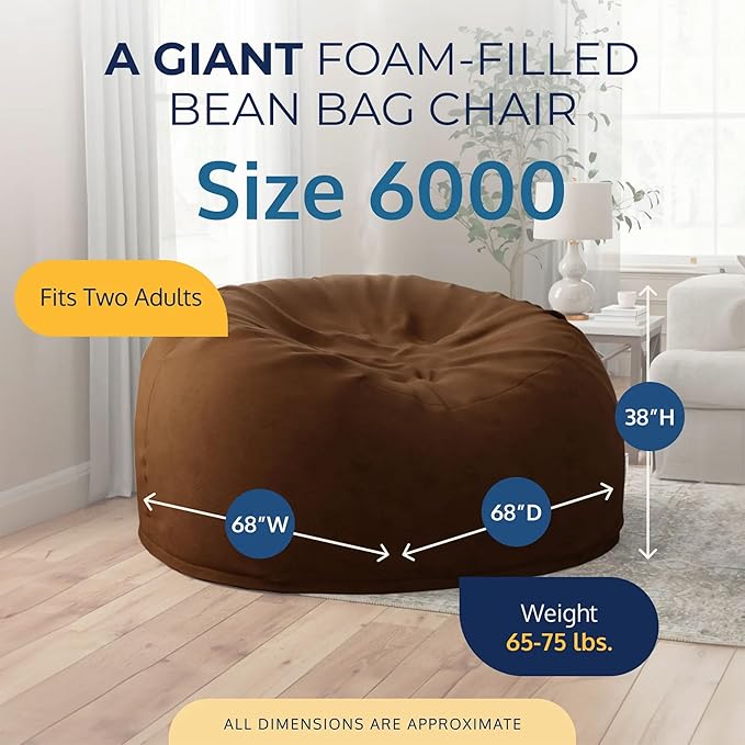 ULTIMATE SACK 6000 6-Foot Bean Bag Chair, Brown Suede Cover – Oversized Foam Lounger, Floor Seat, Small Sofa, or Couch Bed for Living Area, Gaming Room, or Reading Lounge