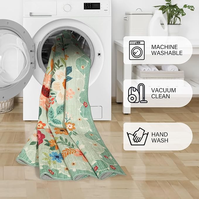 DUKINO Runner Rug, 2x7 Boho Kitchen Rug for Hallways with Low Pile Design, Washable Non Slip Backing Soft Floral Runner for Kitchen, Hallway, Entryway, Bedroom, Laundry, Green