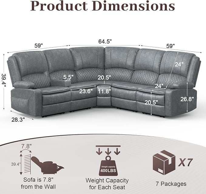 Manual Reclining Sectional Sofa Set, 5 Seats Soft Leather Recliner Corner Sectional Couch, Family-Sized L-Shaped Recliner Couch with USB Charging, Thickened Padding, Sturdy Frame, Grey